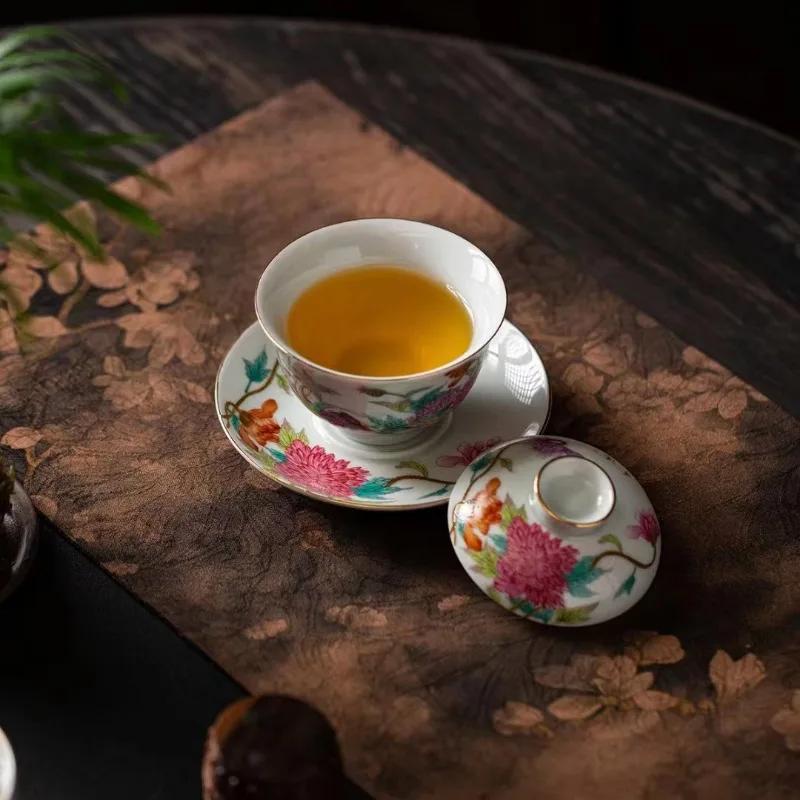 Ceramic Gaiwan with Cover, Teacup Light, Chinese Beauty Tea Infuser, Home Tea Set Accessories, Palace , Enamel Color