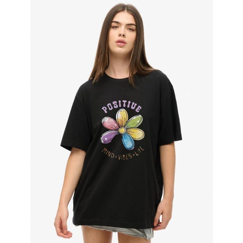 Oversized T-Shirt Black Positive Mind Vibes Life Flower Graphic Print Casual Wear