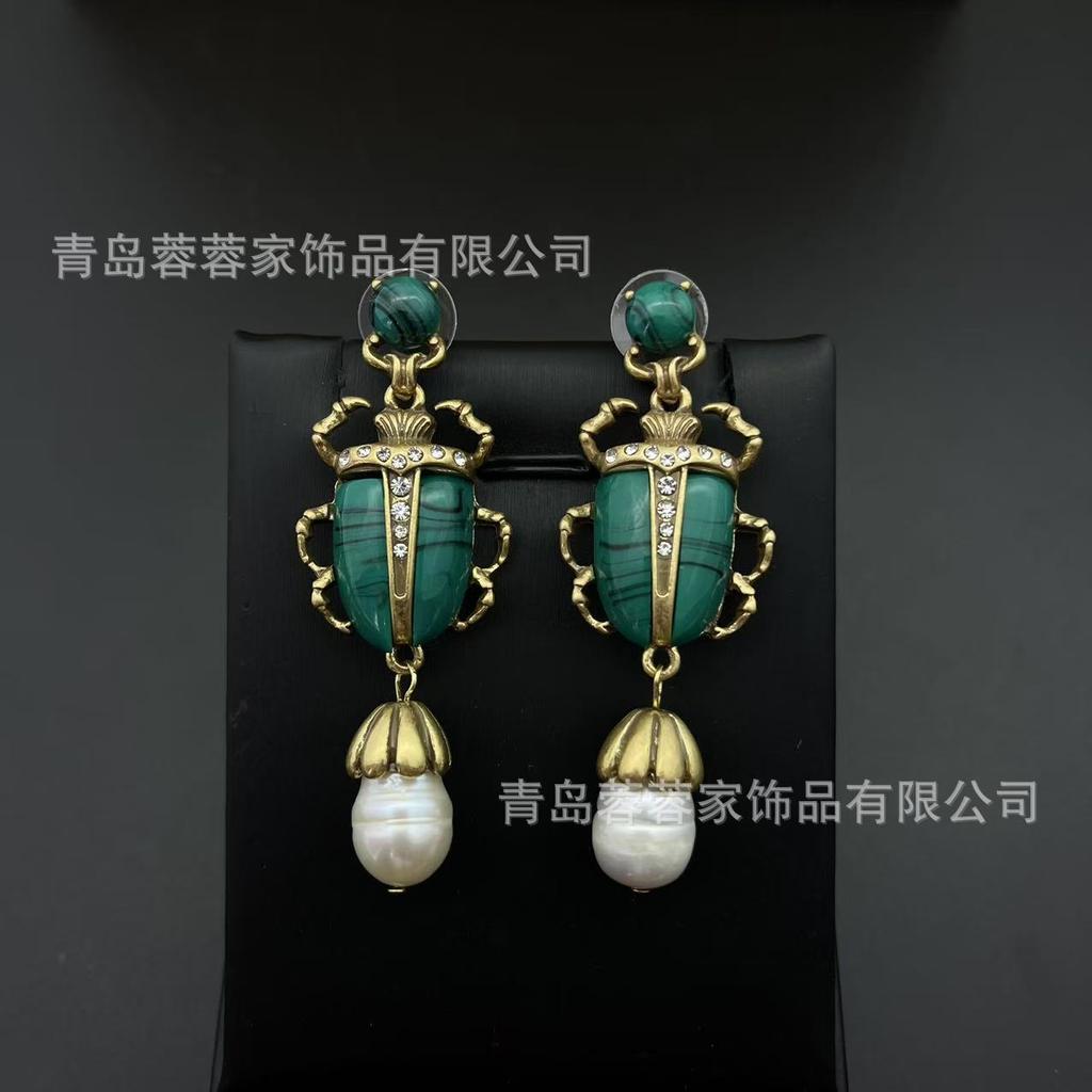Vintage Heavy Industry Beetle Shaped Pearl Pendant Earrings With French Court Style Electroplated Antique