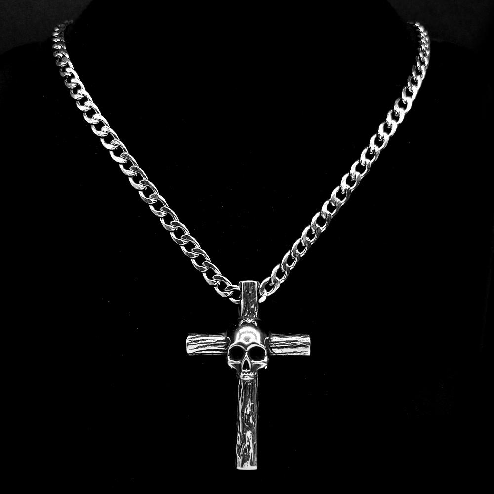 Gothic Stainless Steel Skull Wood Textured Cross Pendant Necklace For Men Women Punk Hip Hop Silver Color Chain Party Jewelry