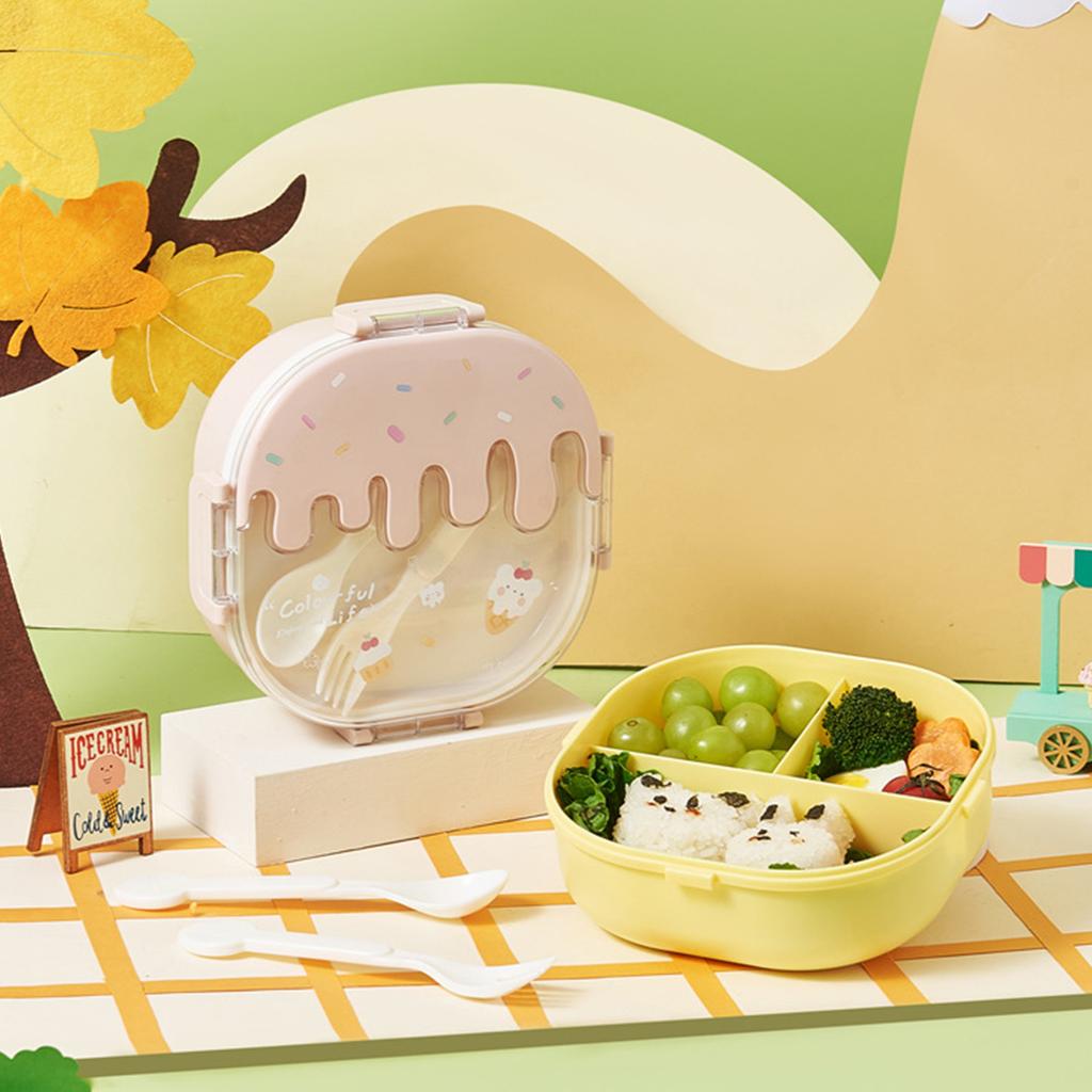 Fiambrera Bento para Niños Adultos 3 Compartimentos Plástico Lindo Helado Contenedores de Almuerzo Merienda con Tenedor y Cuchara para