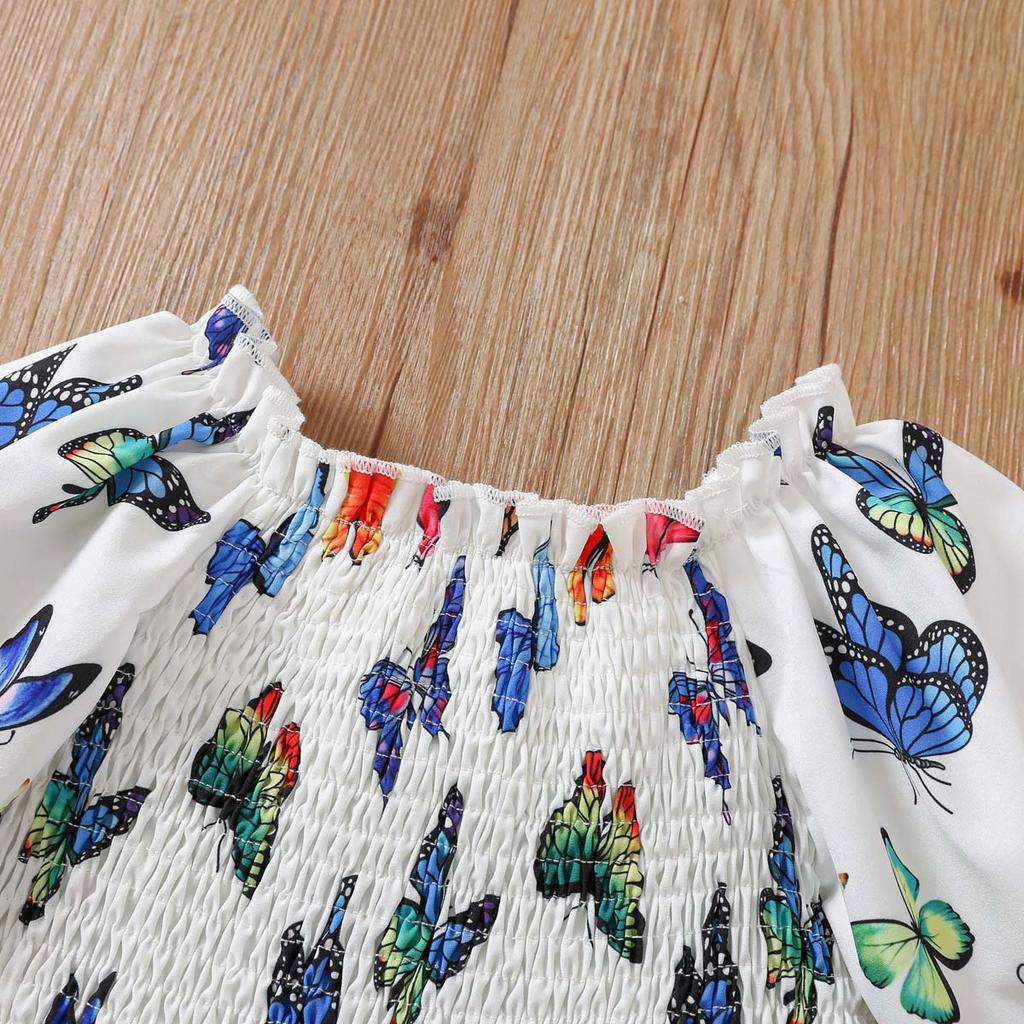 Mädchenkleid Sommer Schmetterlingsdruck A-Linien-Kleid für Kinder Mode Süßes Mädchenkleid Schmetterlingsdruck Langarm Gummizug in der Taille