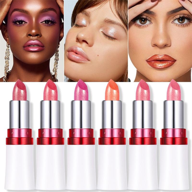 6 Colors Bold & Intense Glitter Shiny Metallic Lipstick Pearlescent Shimmer Lip Tint Long Lasting Easy Color Diamond Lipstick
