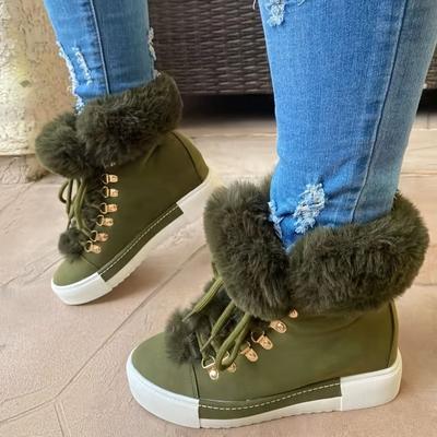 Botas de Tornozelo Femininas de Plataforma com Forro de Lã Térmico Cor Sólida de Amarrar Sapatos de Couro Sintético Calçado Feminino