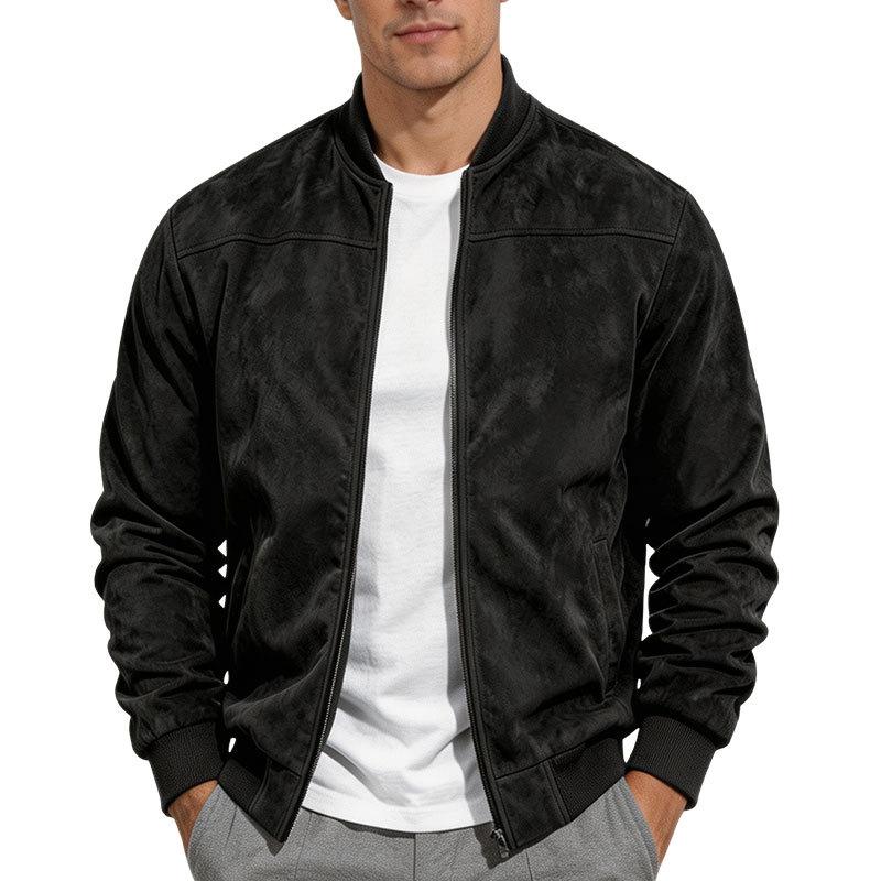 Men S Suede Jacket Stand Collar Long Sleeve Zip Up Casual Coat
