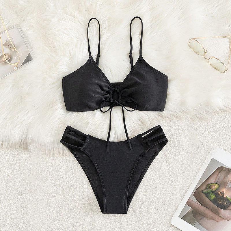2025 European and American Solid Color Lace-Up Split Swimsuit - Women's Summer Beach Bikini & Hot Spring Swimwear