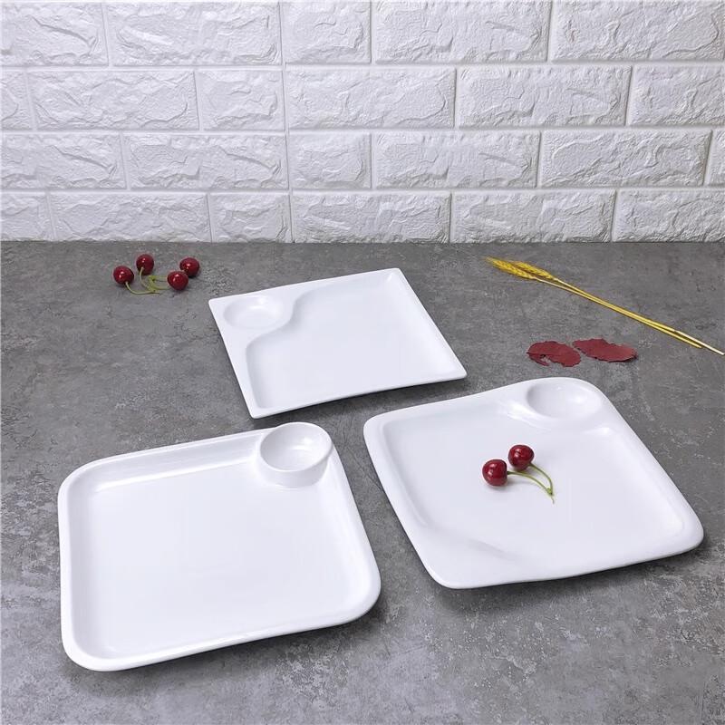 10-inch White Ceramic Square Dumpling Plate with Vinegar Dish