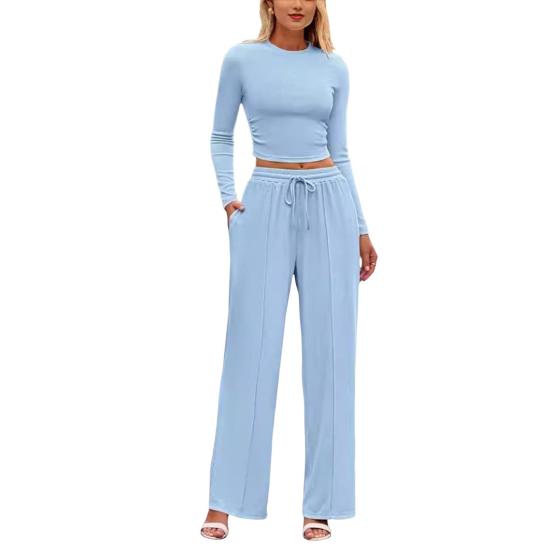 2 Pcs/Set Women Top Pants Suit Round Neck Long Sleeves Slim Fit Top High Waist Drawstring