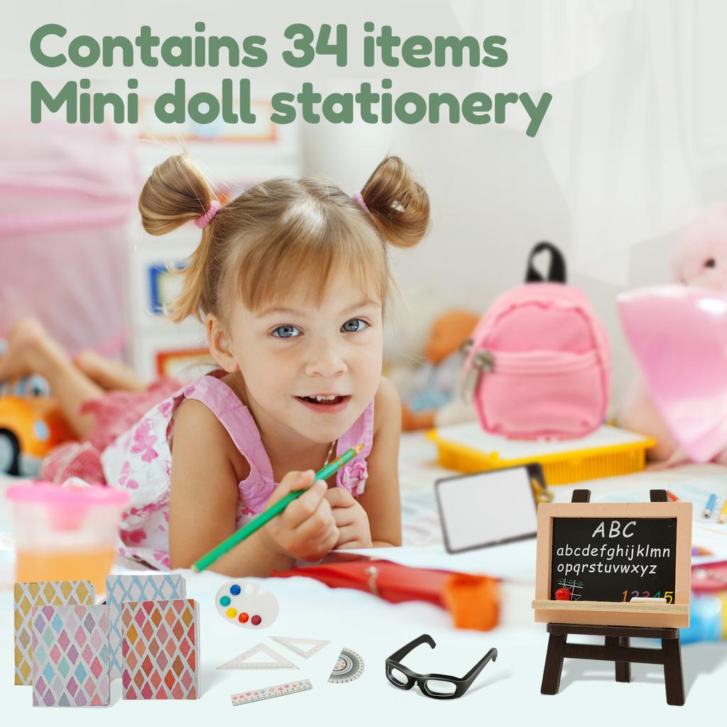 34Pcs Cute Doll School Supplies Dollhouse Mini Campus Stationery Set Doll Canvas Schoolbag Simulation Learning Supplies for Doll