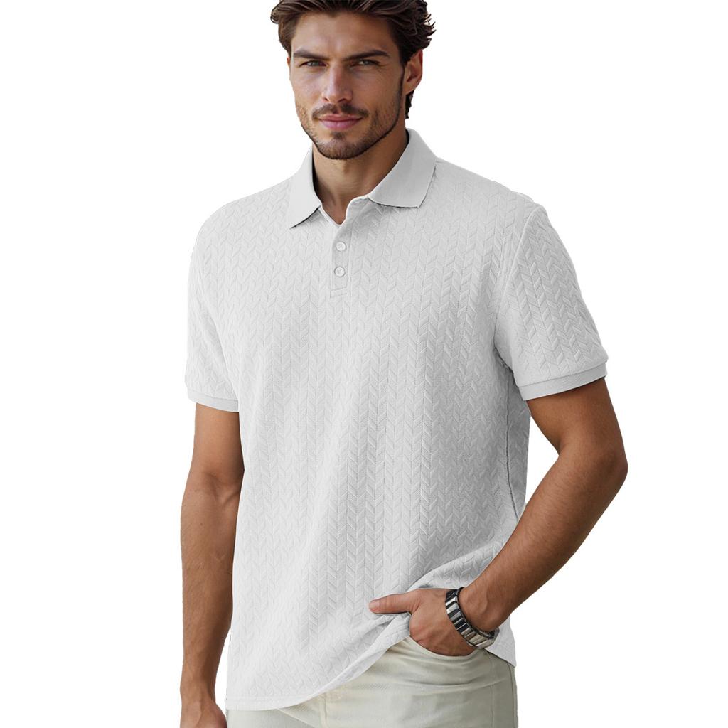 Polo Shirt Solid Color Jacquard Short Sleeved Casual Slim Fit Lapel Shirt for Men