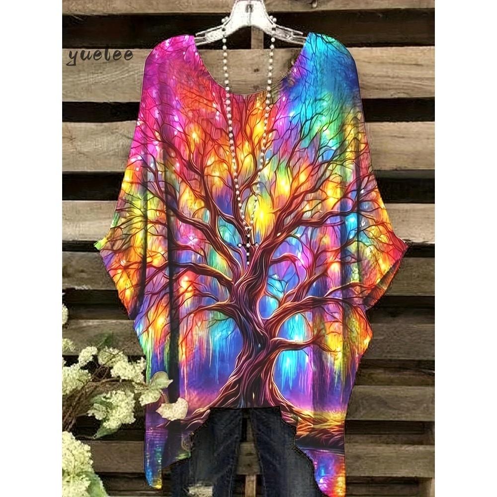 T-shirt da Donna Stampa Floreale Colorata Girocollo Top Orlo Irregolare Manica Corta Taglie Forti Abbigliamento da Donna Casual per Esterno