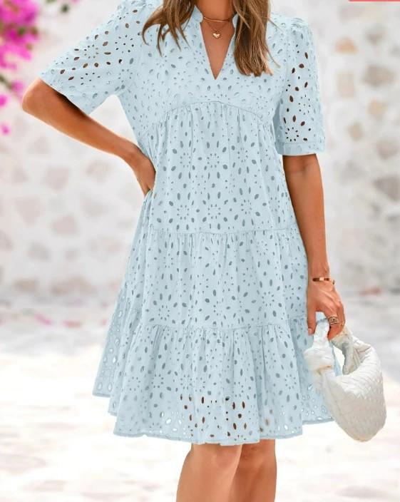 2026 Short Sleeve Women's Beach Vacation Skirt French V-Neck Hollow Lace Dress High-end A-shaped Dress