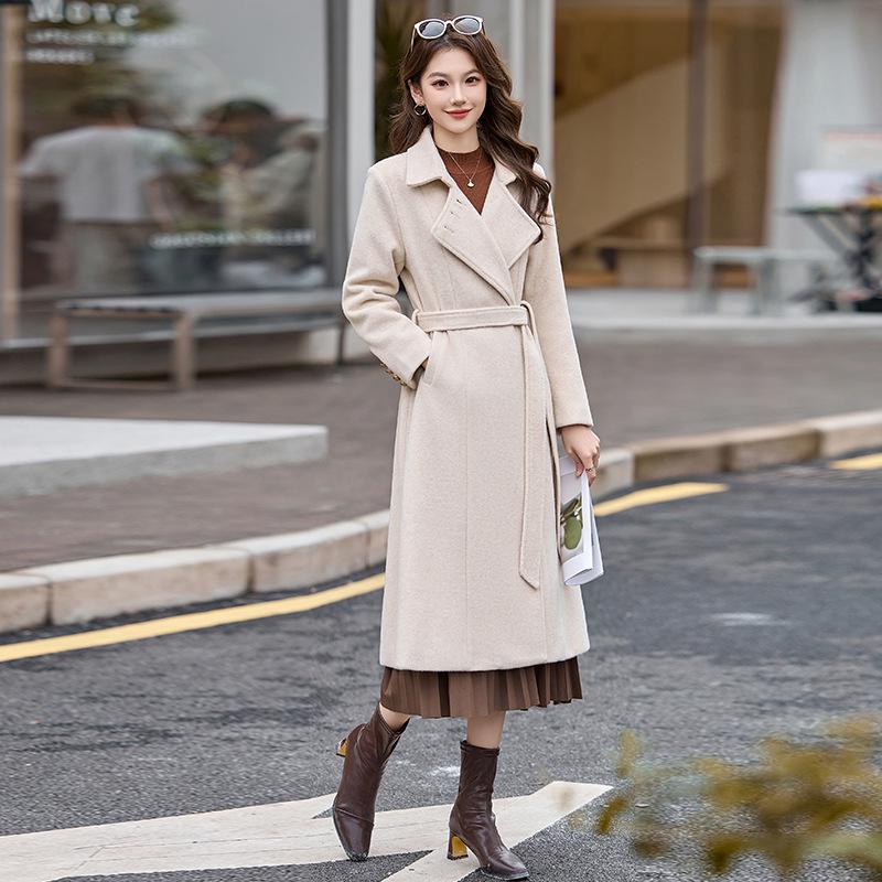 Women's Extra Long Wool Coat with Tie - Autumn/Winter Korean Fashion, Lapel Design (HR1018)
