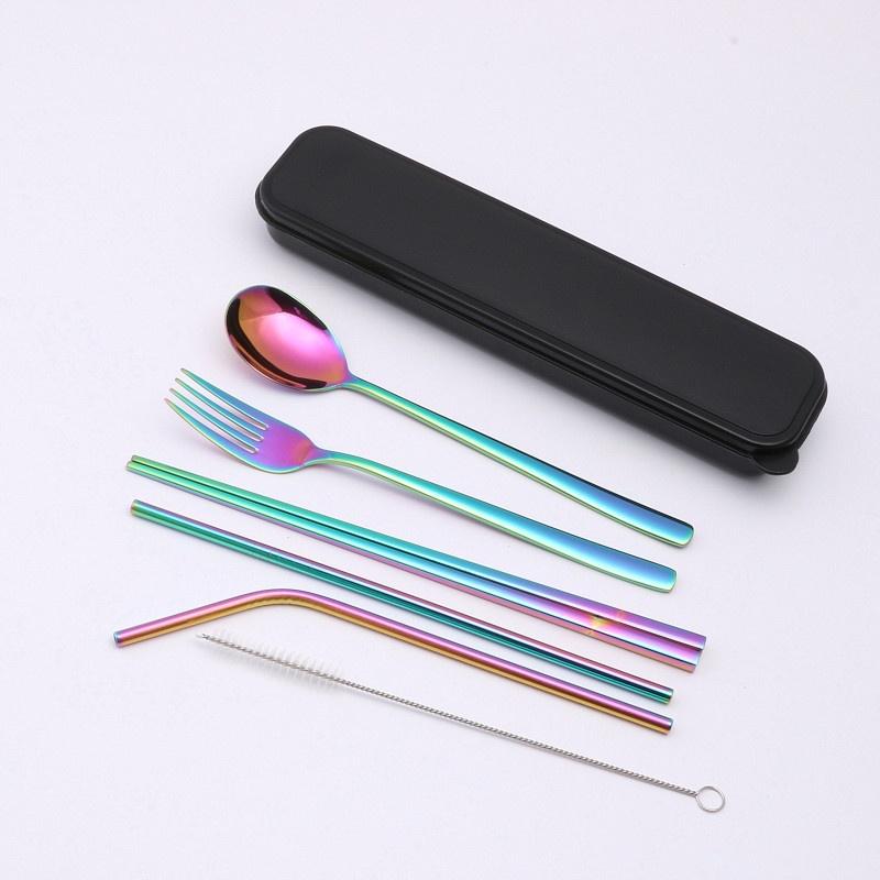 Travel Dinnerware Set 6 Pcs Stainless Steel Cutlery Student School Dinner Set With a Black Box