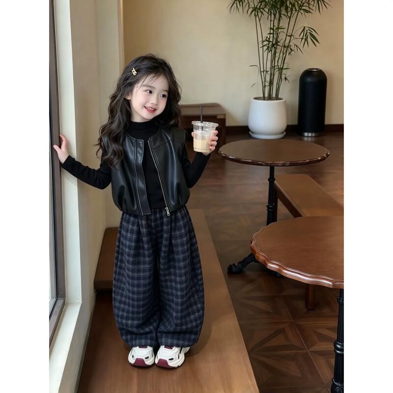 Girls' Stylish Faux Leather Jacket and Plaid Pants Set