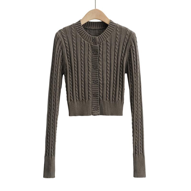 European & American Style Solid Color Cable Knit Cardigan - Round Neck, Single-Breasted, Long Sleeve Top for Women
