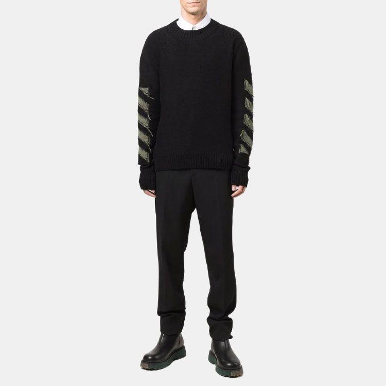 Men's Off-White FW21 Arrow Pattern Round Neck Pullover Wool Sweater Loose Fit Black OMHE088F21KNI0011055