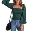 Women's Solid Color Square Neck Slim Fit Lantern Sleeve Pleated Top