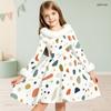 Girls Furry Trim Neck Cuffs Long Sleeve Waist Bow Printed A Line Flared Dress