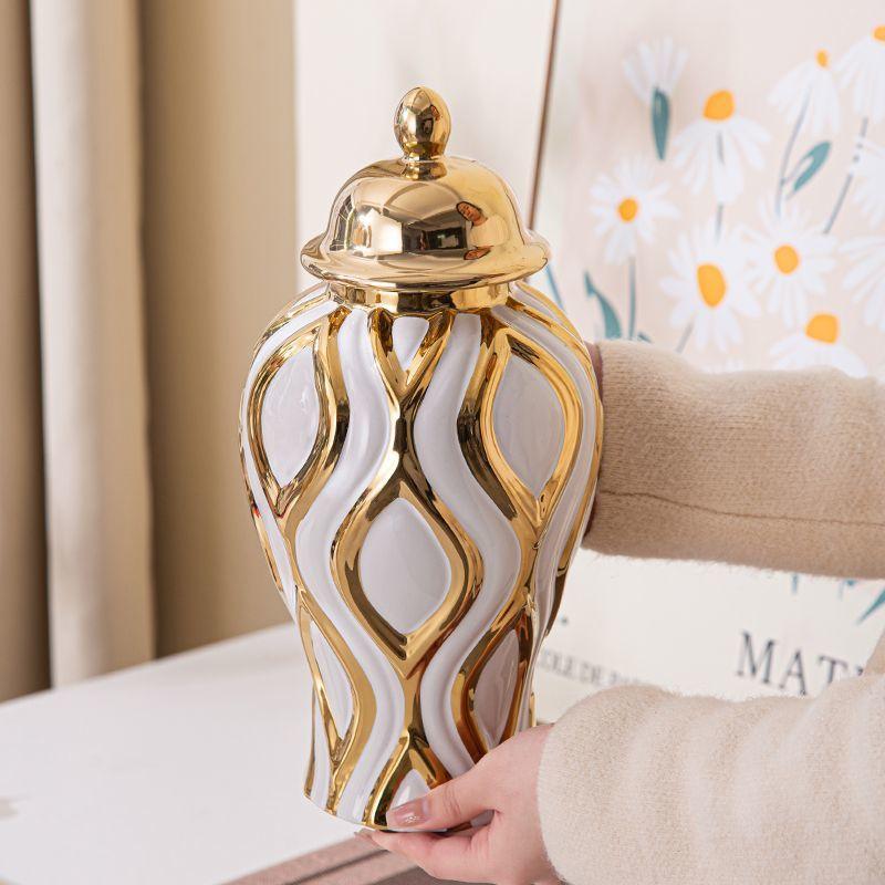 Ceramic Golden Vase Geometric Pattern Porcelain Storage Tank Ginger Jar Ceramic Crafts Ornament Home Decoration Accessories