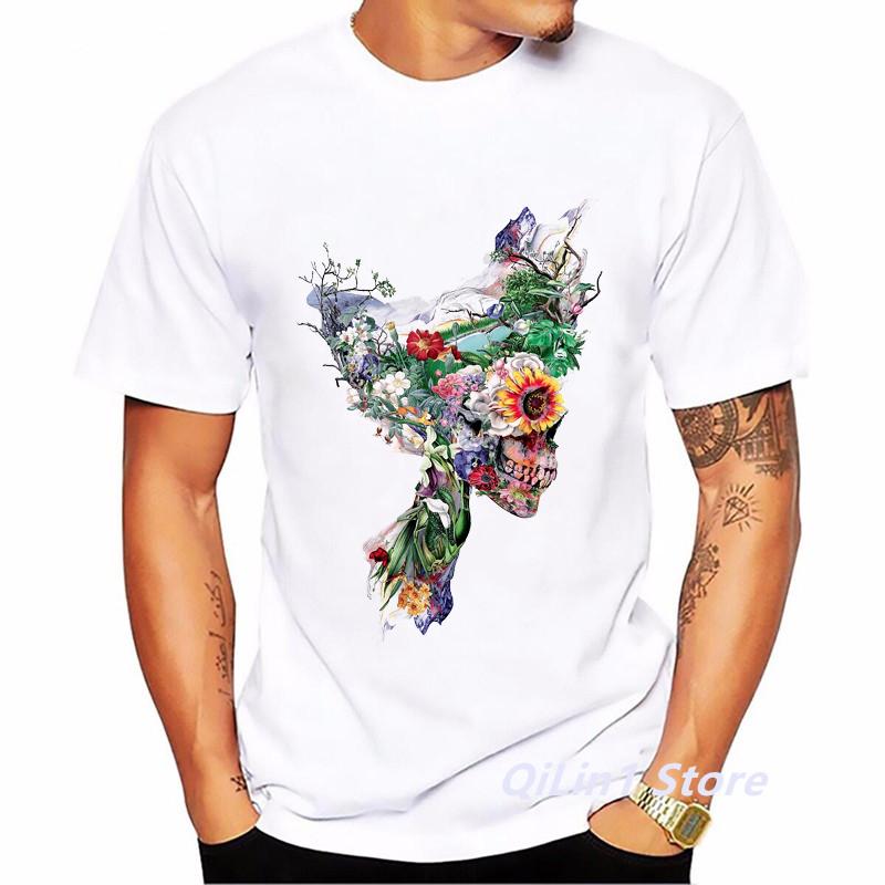 Men 2024 Summer Fashion Skull Flower Plant Print Short Sleeve Tshirt Male TShirt Homme Hip Hop T Shirt Geek Top Cool Streetwear