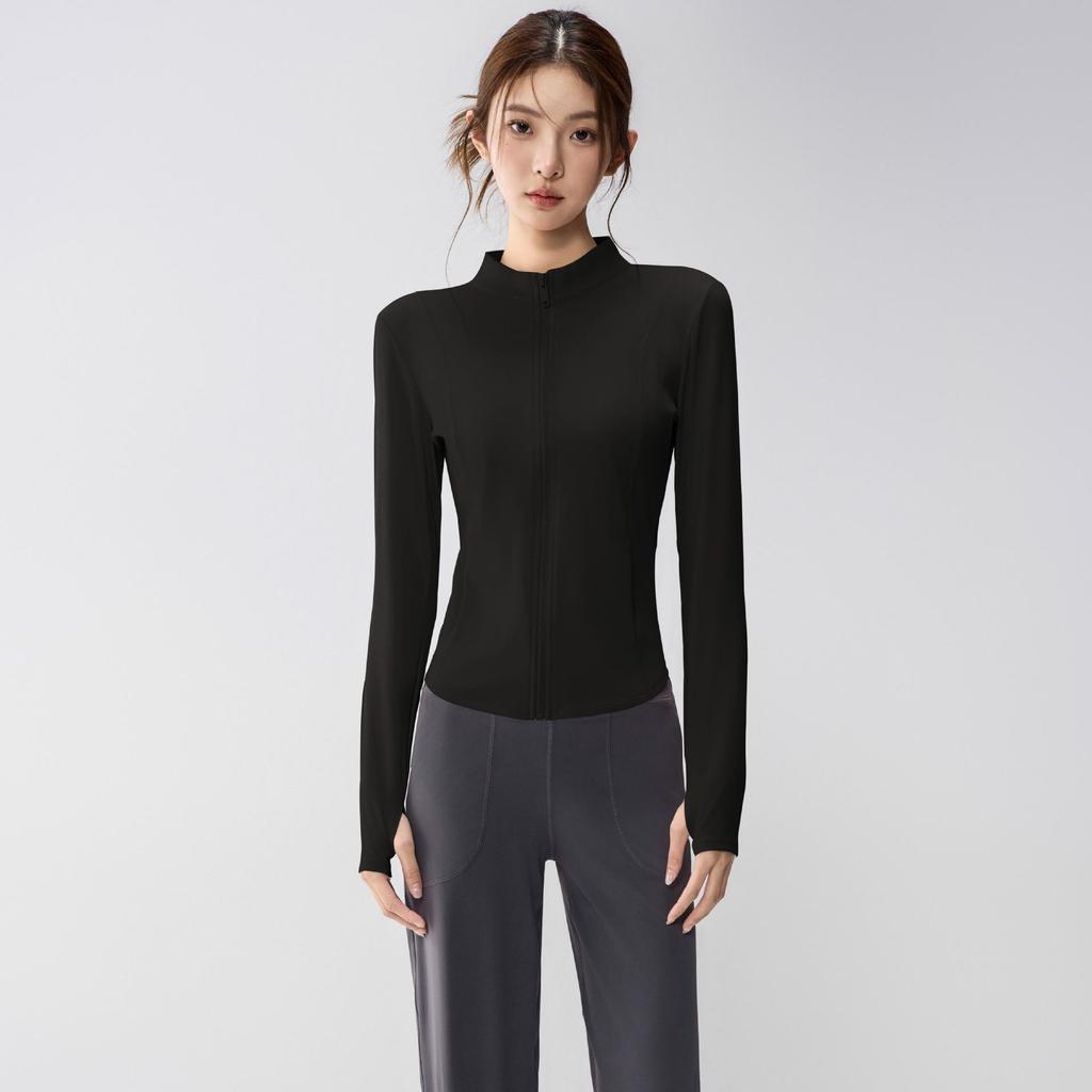 Full-Zip Yoga Suit with Pockets: Slimming Long Sleeve Top for Running & Fitness