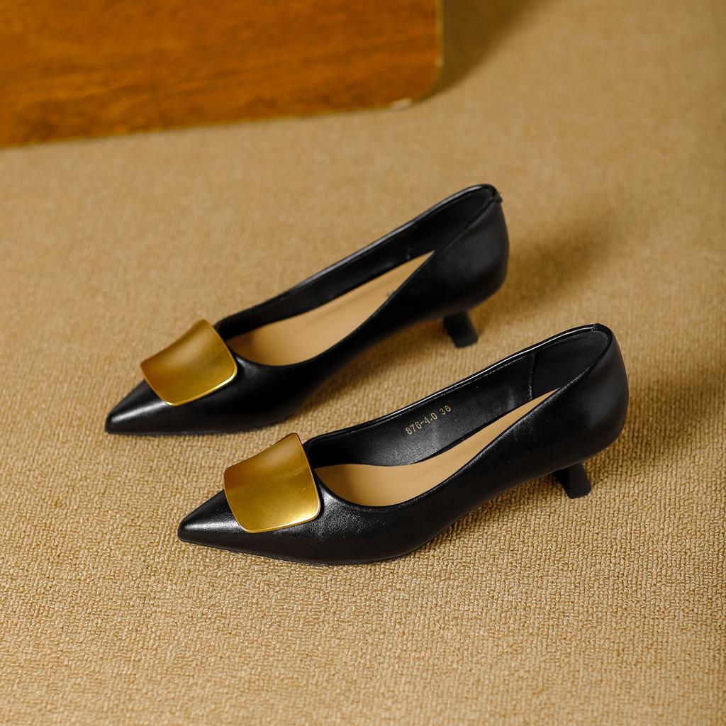 stiletto high heels 2026 spring French metal buckle pointed middle heel not tired feet soft leather shallow mouth single shoes