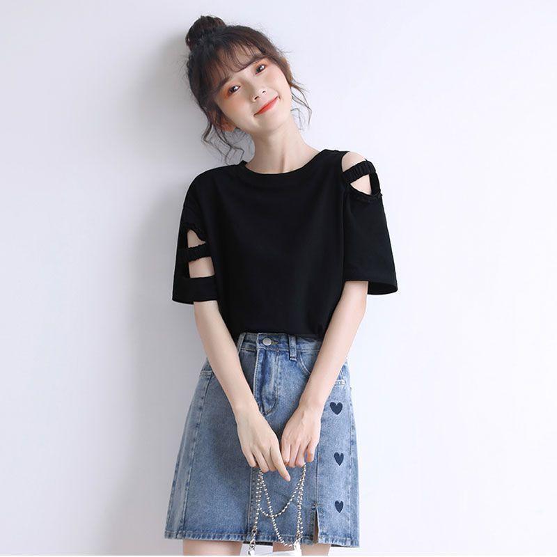 Black Hollow Off-shoulder Short-sleeved T-shirt Summer Korean New Loose Design Fashionable Top