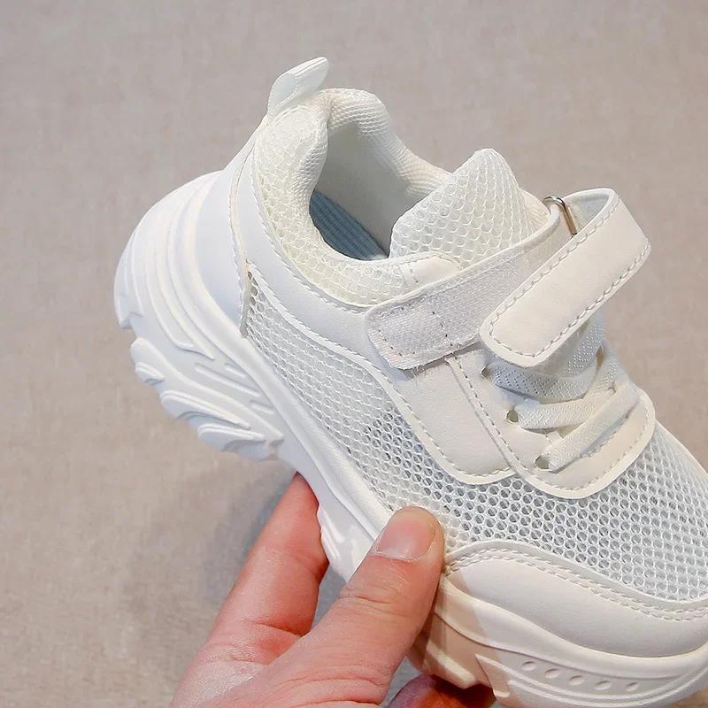 Children White Shoes Mesh Breathable Kids Sneakers Soft Sole 2025 New Fashion Boys Girls Running Shoes Hook&loop Soild Color