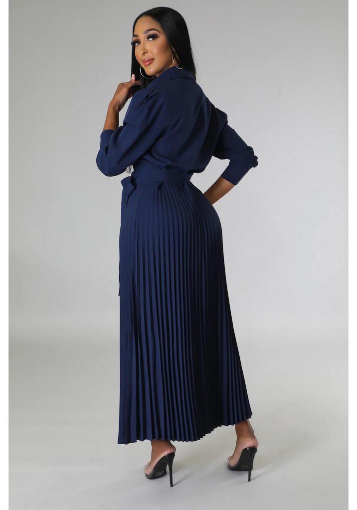 Cross-Border Europe Spring Long Sleeve Polo Collar High Waist Pleated Women's Casual Dress