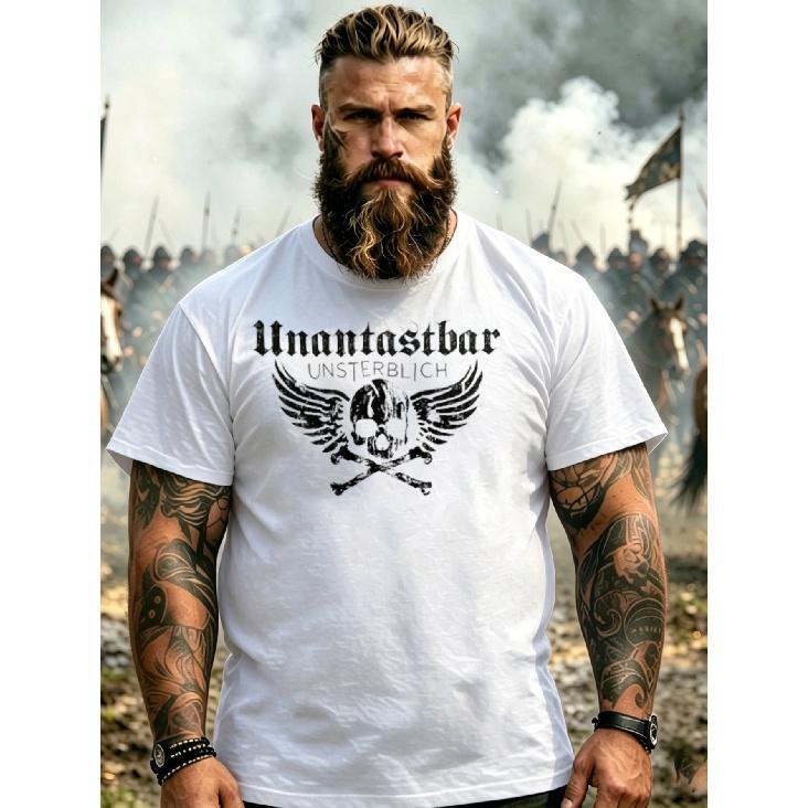 Men'S T-Shirt Black Unbreakable Skull Wings And Crossbones Graphic Print For Outdoor Adventure And Casual Wear, Plus Size