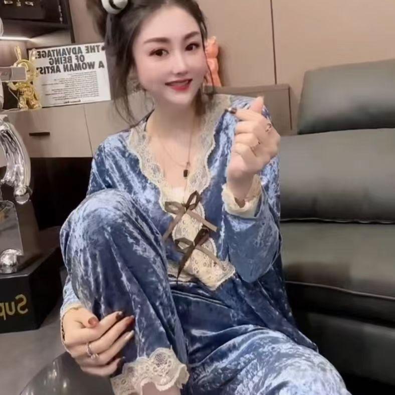 

Женский пижамный комплект из золотого велюра: Свободная и удобная осенне-зимняя одежда 2XL for 60-70 kg