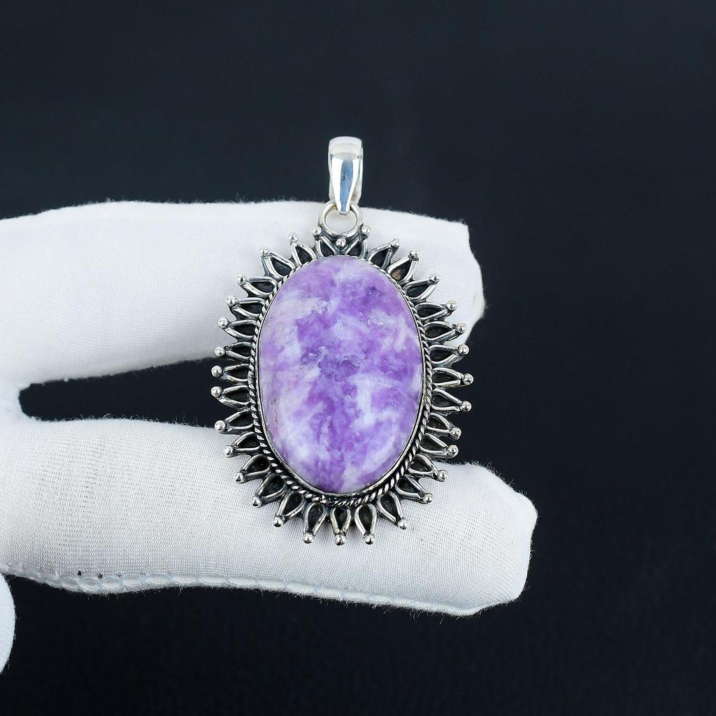Natural Lepidolite Gemstone Silver Pendant In 925 Sterling Silver - Handmade Oval Design, Everyday Wear Jewelry Wadding Gift