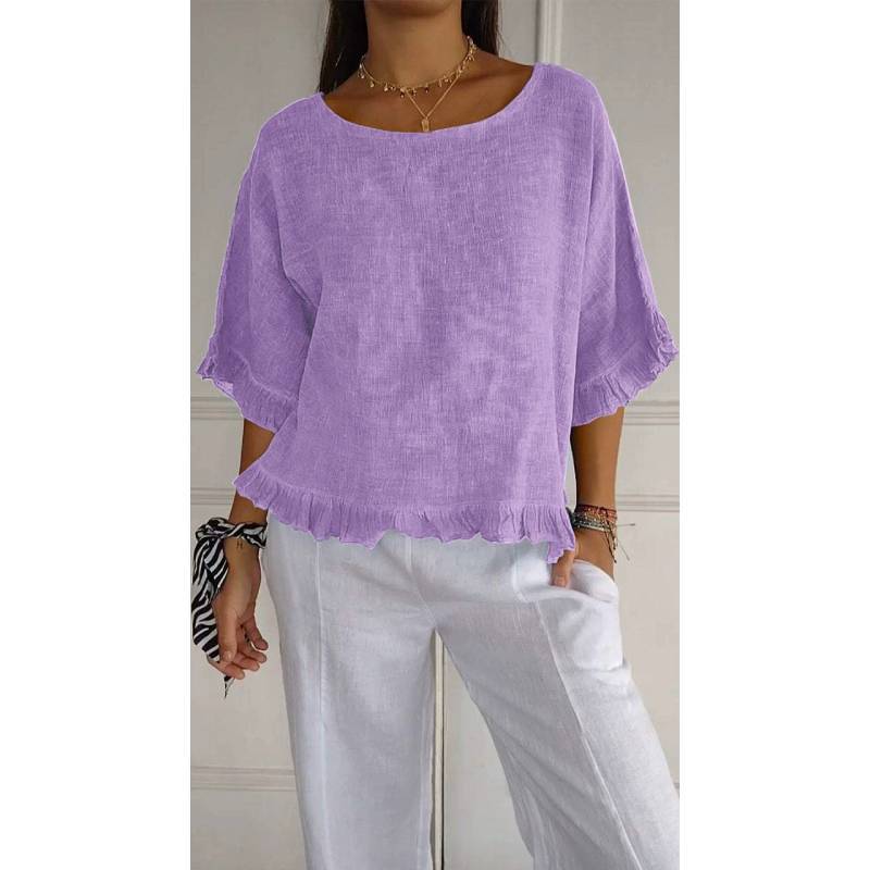 T-shirt Basic Estiva da Donna in Cotone e Lino, Vestibilità Larga, per Uso Casual