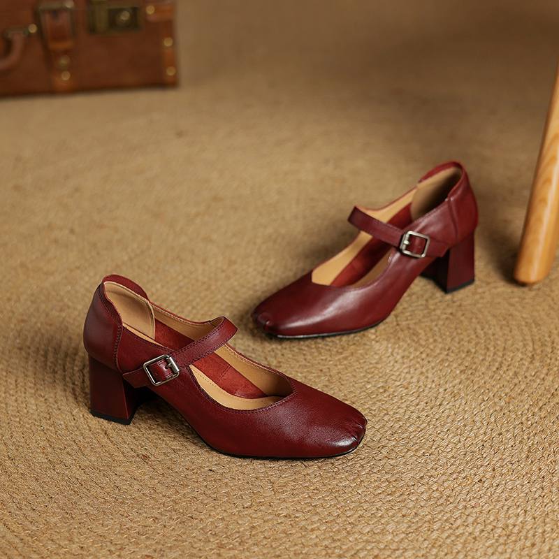 Krazing Pot Módní jarní a podzimní boty s hrubým podpatkem a přezkami, dámské boty Mary Janes s čtvercovou špičkou a lodičky z kravské kůže