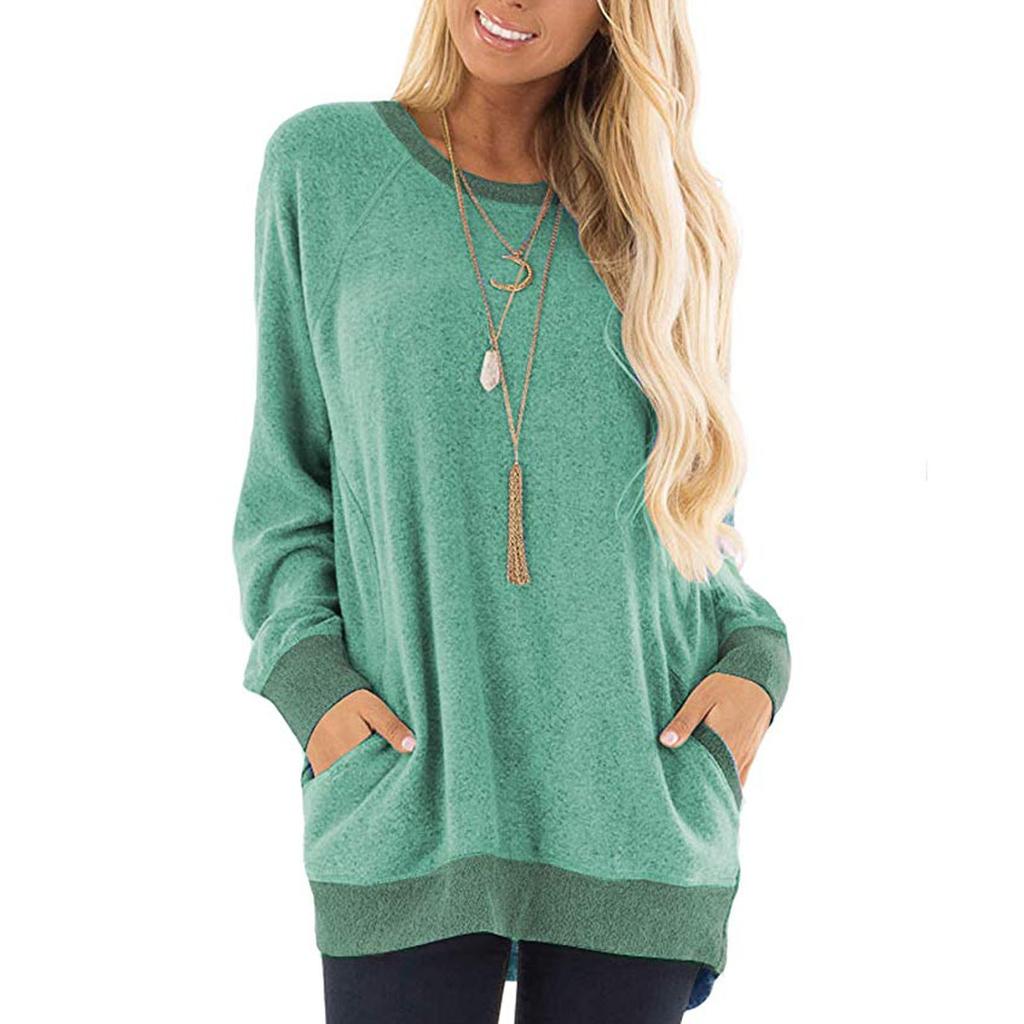 Women Casual Color Block Long Sleeve O-Neck Pockets T-Shirts Sweatshirt Blouse