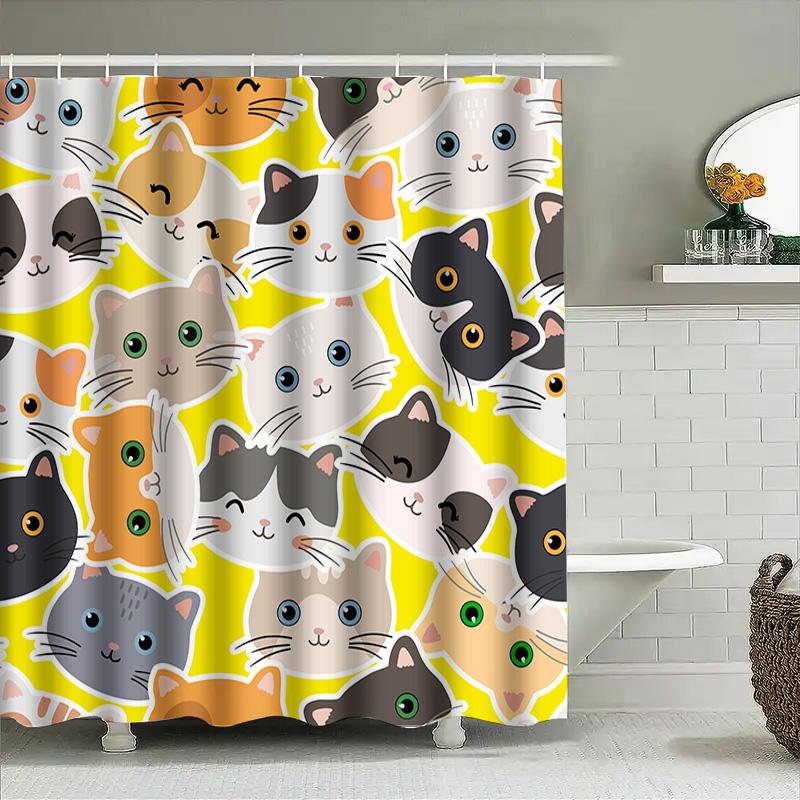 Bright Yellow Shower Curtain With Cat Design Polyester Fabric For Bathroom Decor Modern Home Decoration Gift Idea Multicolored W