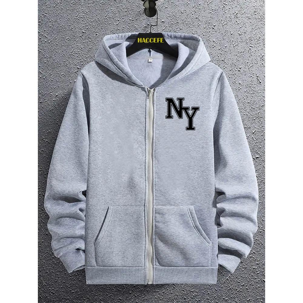 Men's Casual Fashion Creative New York English Letter Pattern Printed Zipper Hooded Sweatshirt Top, Comfortable and Soft Fabric