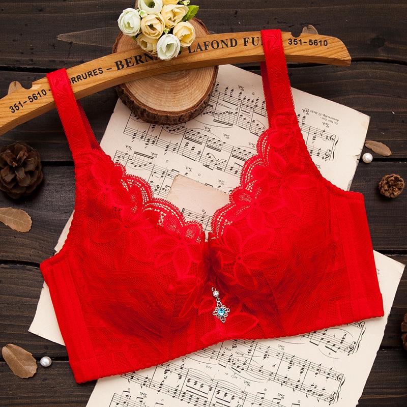 

Бюстгальтер со стальными кольцами без губки, большой размер, закрытое нижнее белье, регулируемый чехол для бюстгальтера с присборенными чашечками 34/75C красный