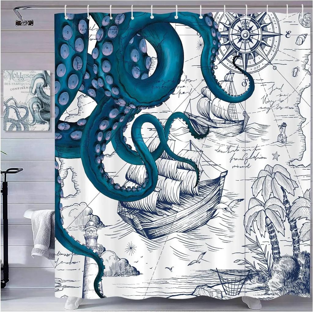 Vintage Nautical Octopus Shower Curtain Blue Mermaid Funny Ocean Kraken Anchor Coastal Map Polyester Fabric Bath Curtain Decor