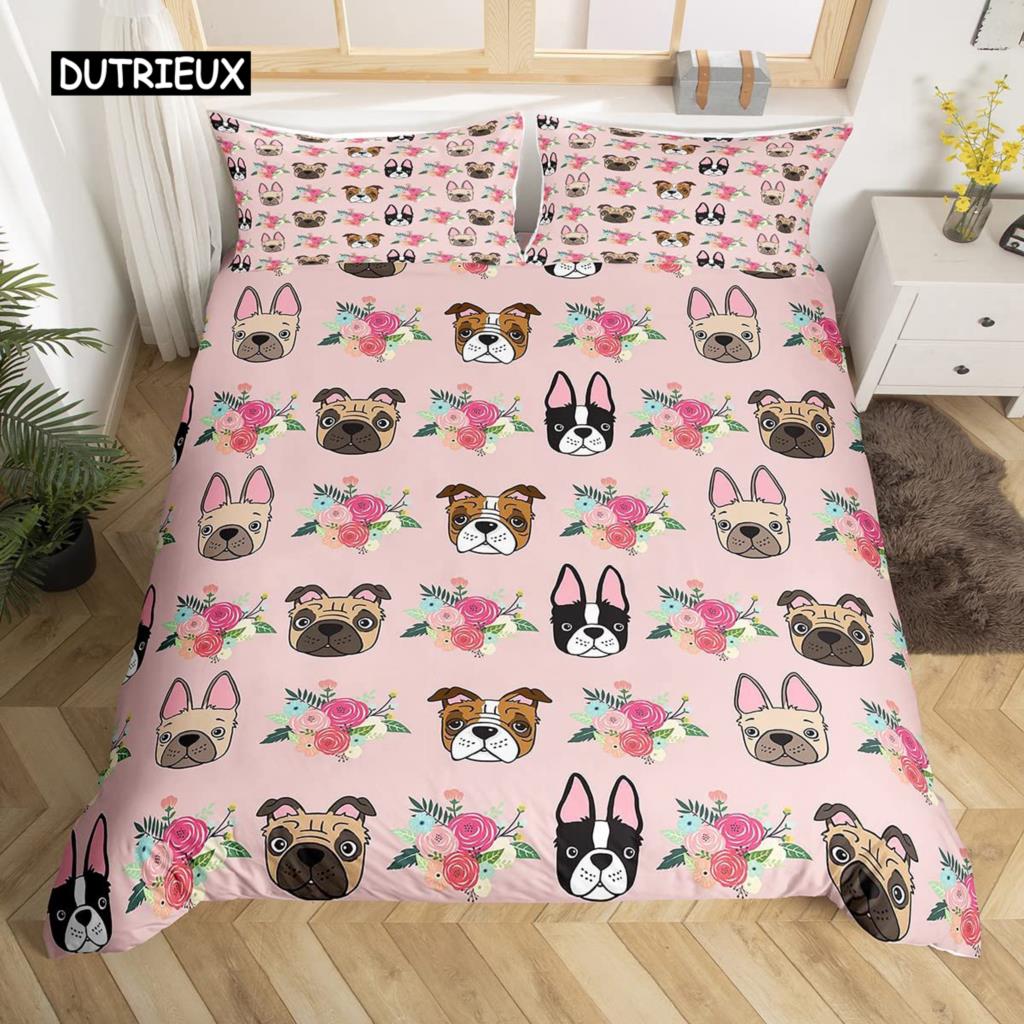 French Bulldog Bedding Set Cute Cartoon Puppy Duvet Cover Pillowcase Kawaii Kids Boys Girls EU single(135x200cm)