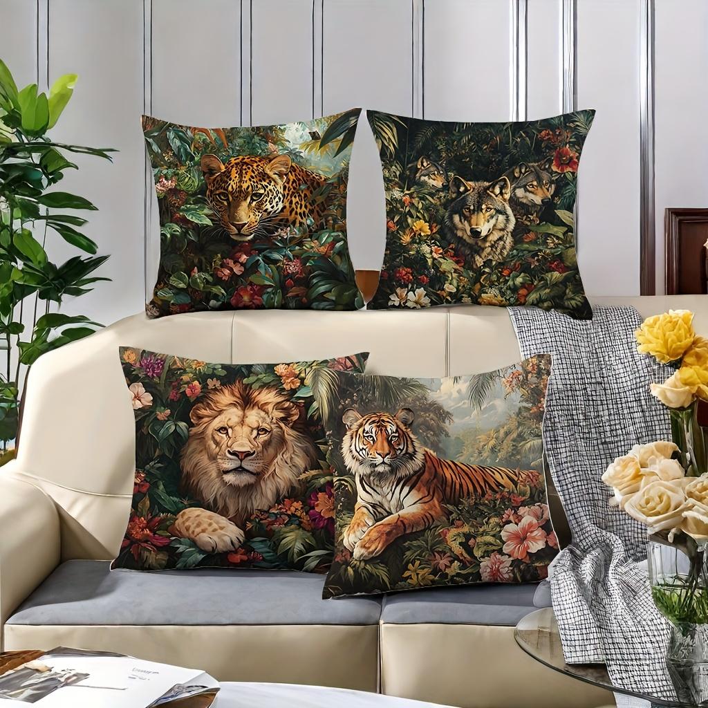 1Pc With Printed Pillowcases Featuring Designs Of A Forest, Tiger, Wolf, Lion, Leopard, Flowers(Pillow Inserts Not Included)