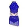 Womens Latin Dance Leotard Sleeveless Mock Neck Patchwork Rhinestones Tassels Adorned Gymnastics Costume