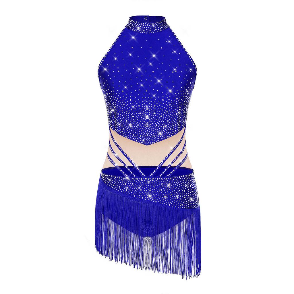 Womens Latin Dance Leotard Sleeveless Mock Neck Patchwork Rhinestones Tassels Adorned Gymnastics Costume