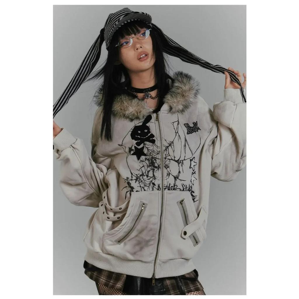 2KWEIRD American Retro Hoodie Women Gothic Simple Print Rabbit Ears Zipper Hooded Fur Collar Sweatshirt Fashionable Harajuku Jacket Tops