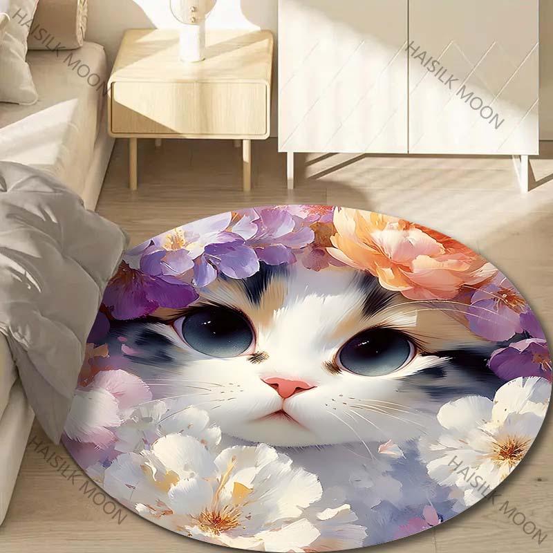 Multiple sizes Cats in the flower bushes Print Round Carpet Living Room Bedroom Table Chair Sofa Decorative Carpet