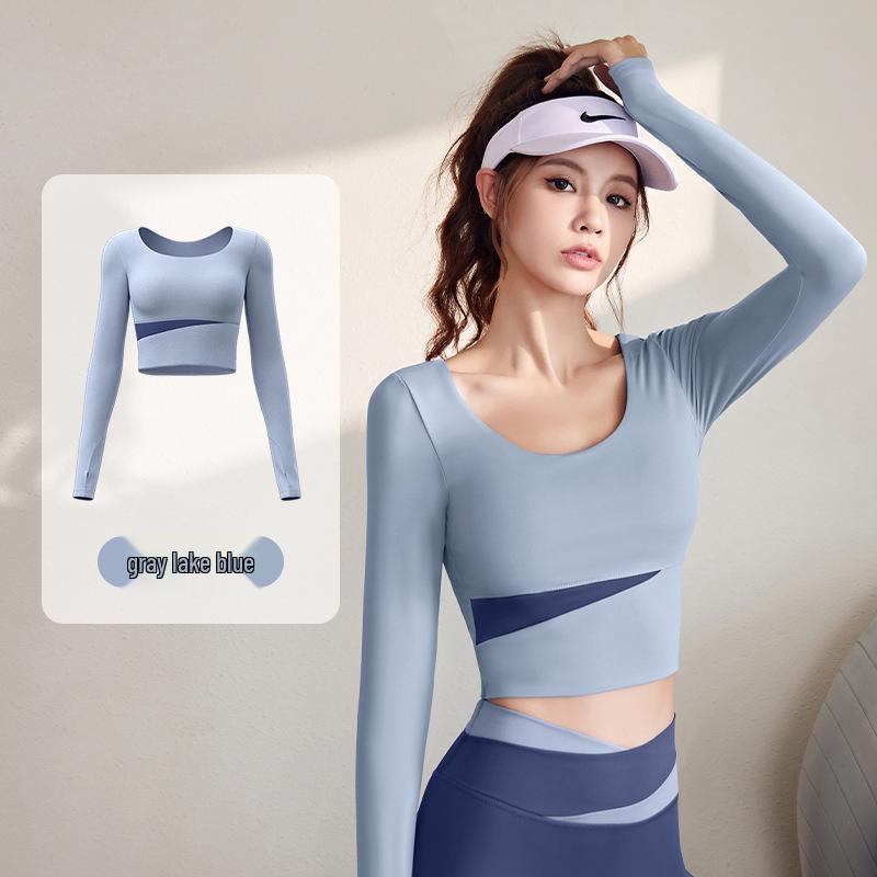 Damen Frühling Colorblock Yoga Set - Nude Feeling Enges Top & Langarm, Brustpolster, Modehose zum Laufen und für Fitness