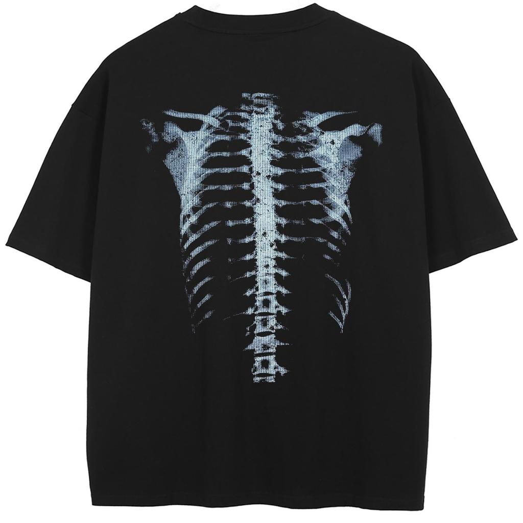 Streetwear Bothsides X-rays Graphic T-Shirt Cotton Washed Black Tshirt Unisex Short Sleeves T Shirt