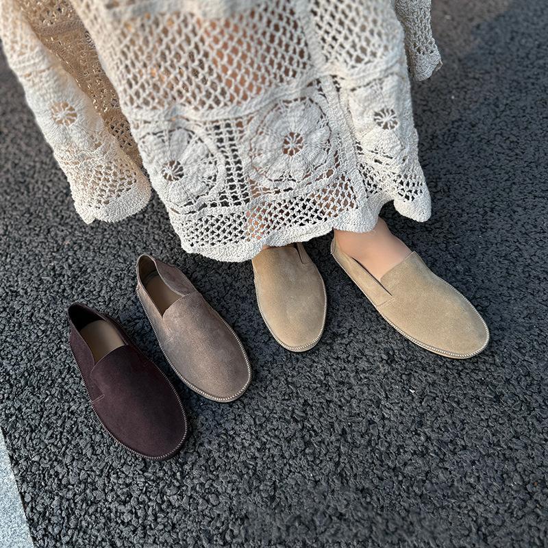 Johnature Retro Handmade Cow Suede Loafers Versatile Round Toe Soft Soled Women's Flat Slip-on Shoes