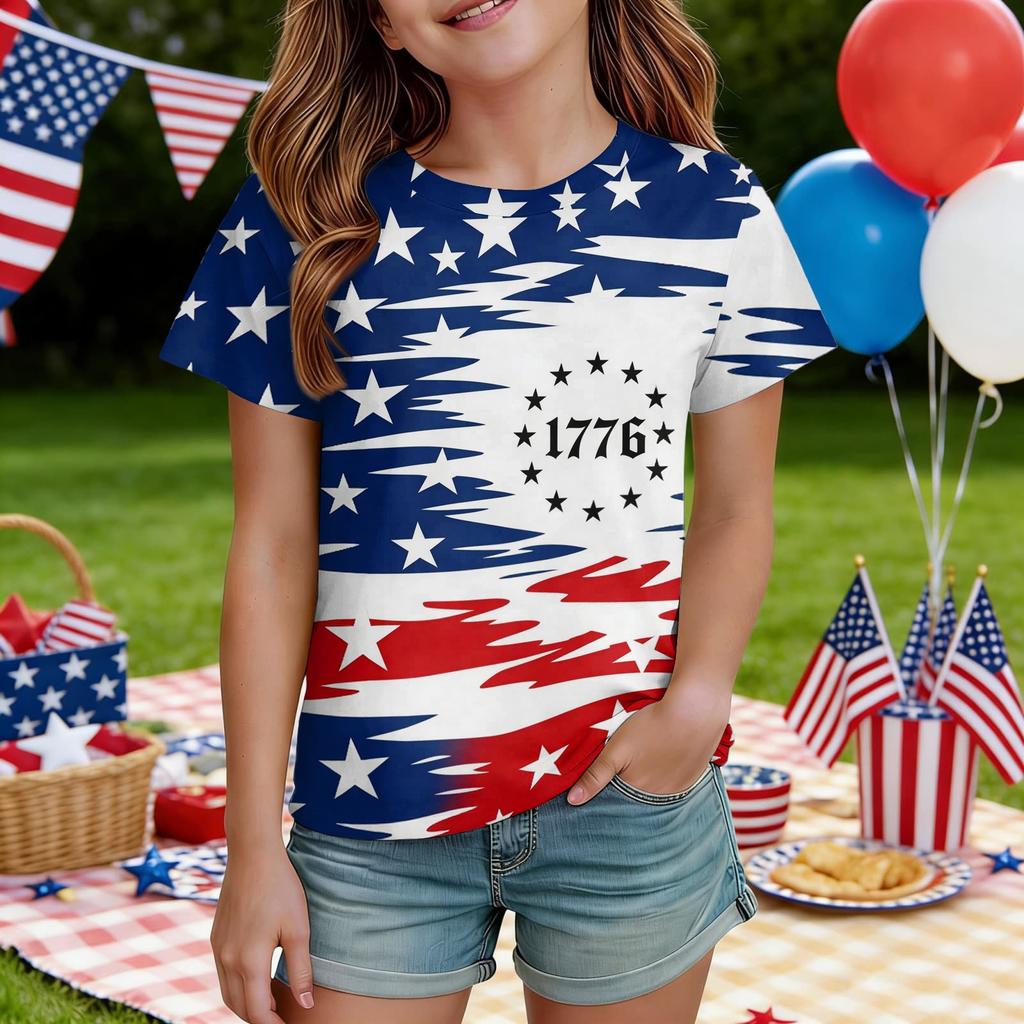 Kids Independence Day Print Round Neck Short Sleeve Casual T-shirt
